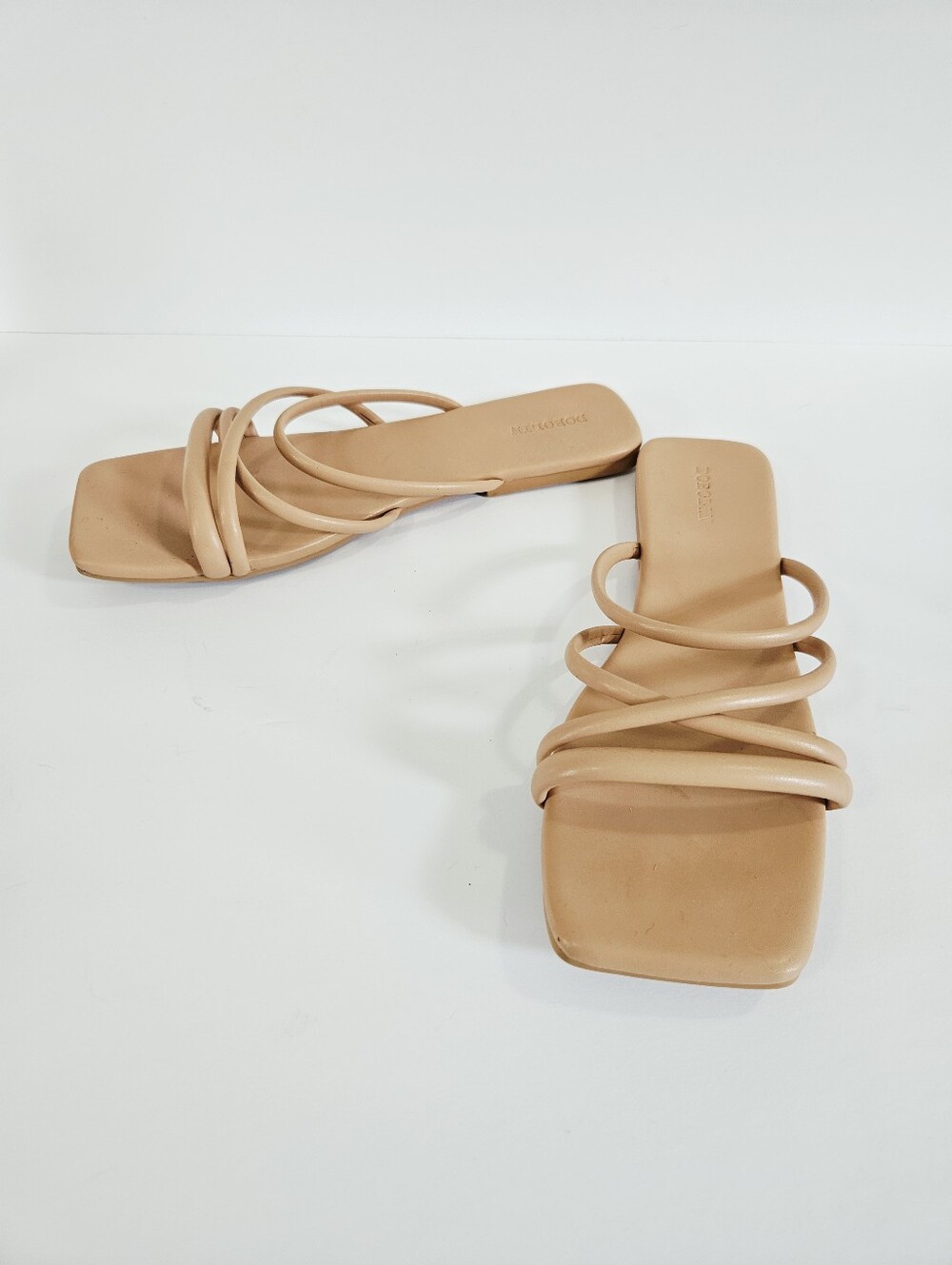 Dobolin Puffy Strap Strappy Square Open Toe Slip On Slide Flat Sandals Nude 11